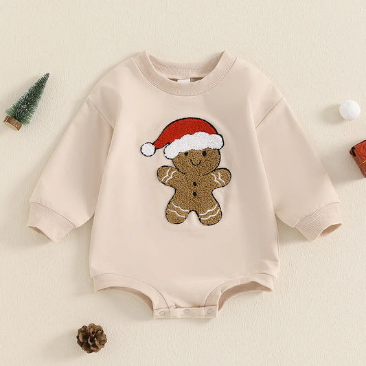 Baby Girls Boys Christmas Jumpsuit Long Sleeve Crewneck Gingerbread Man Santa Hat Embroidery Bubble Romper