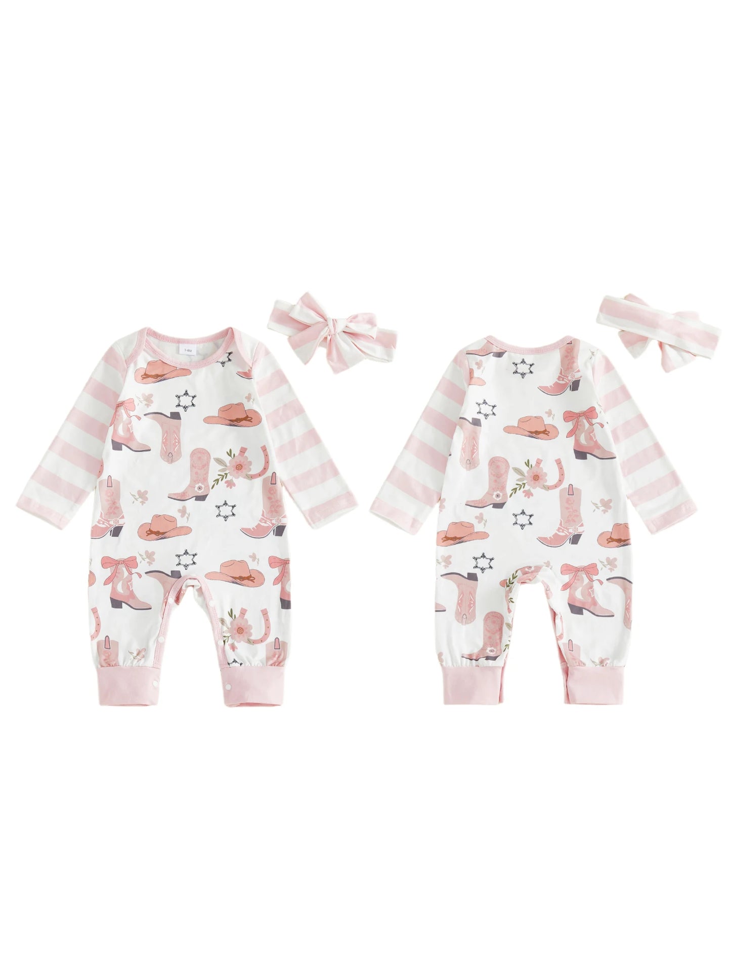 Baby Girl 2Pcs Western Outfit Long Sleeve Round Neck Cowgirl Hat Floral Print Jumpsuit with Headband Set