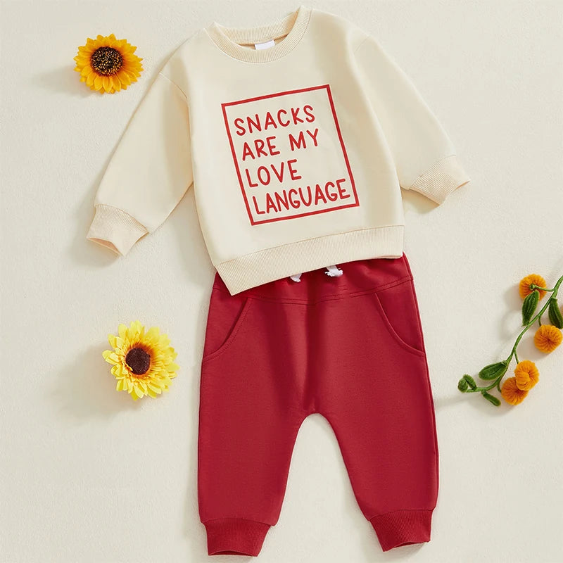 Baby Toddler Boys 2Pcs Snacks Are My Love Language Fall Outfit Letter Print Long Sleeve Top and Long Pants Jogger Set