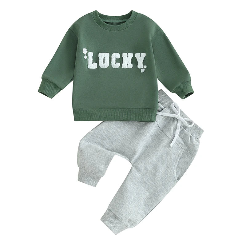 Baby Toddler Boys Girls 2Pcs Irish St. Patrick's Day Outfit Sets Long Sleeve Letter Lucky Leaf Clover Embroidery Top + Drawstring Pants