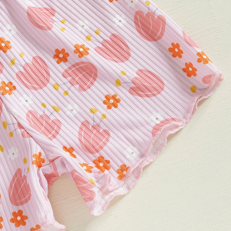 Baby Toddler Girls 2Pcs Ribbed Shorts Set Bow Heart Print Short Sleeve Round Neck Top Elastic Waistband Shorts