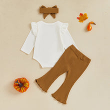 Load image into Gallery viewer, Baby Girls 3Pcs Little Pumpkin Halloween Outfit Pumpkin Print Ruffle Long Sleeve Romper Ribbed Flare Pants Headband Set
