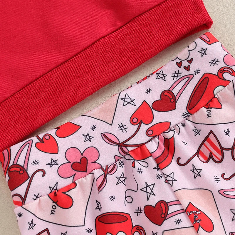 Toddler Baby Girl 2Pcs Valentine's Day Outfit Daddy's Valentine Letter Heart Print Crewneck Top Flare Pant Clothes Set