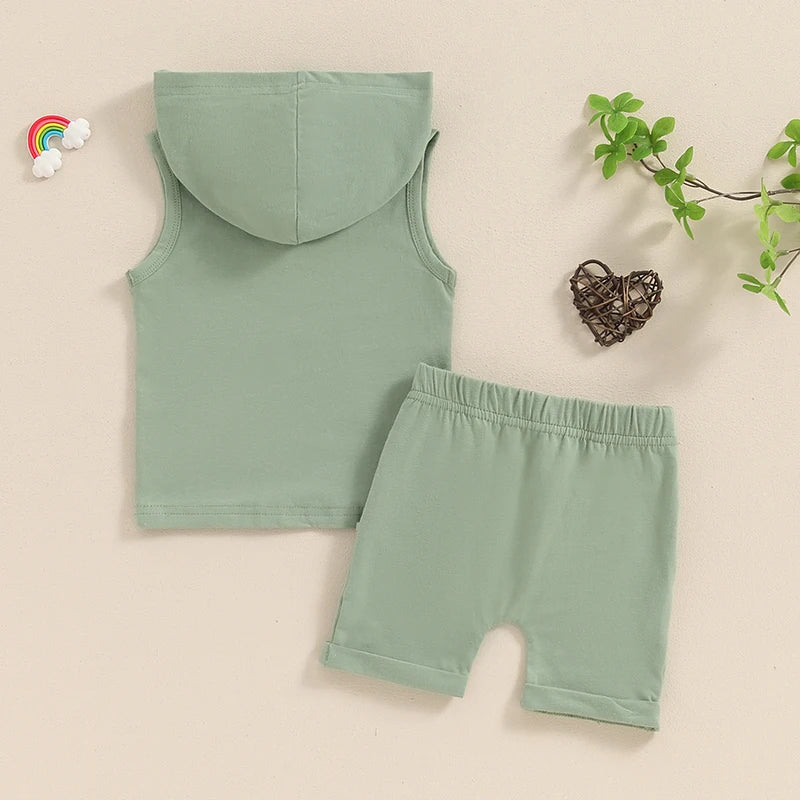 Baby Toddler Boys 2Pcs Summer Outfit Sleeveless Hooded Tank Top with Pocket Elastic Waist Shorts Set