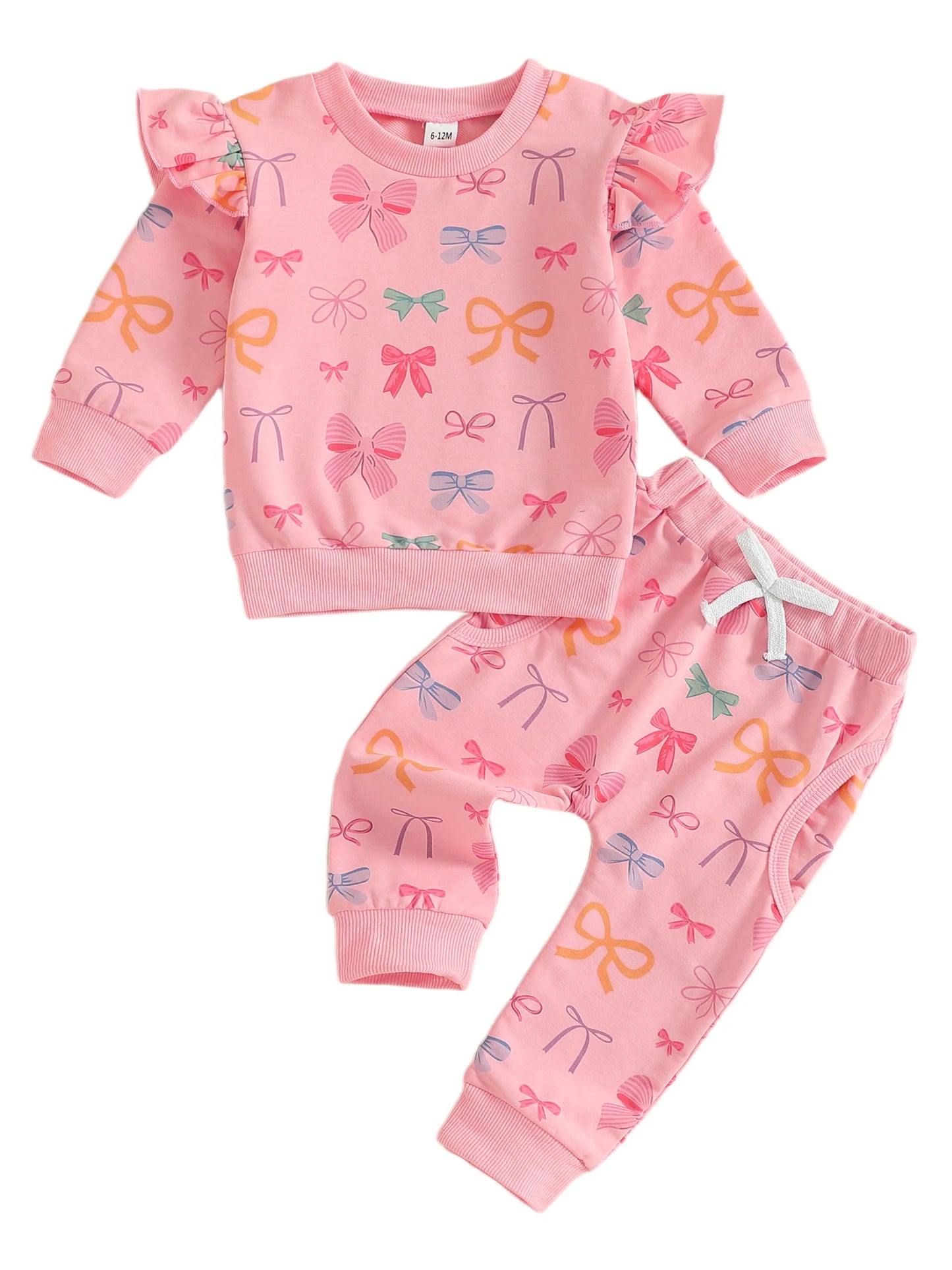 Baby Toddler Girls 2Pcs Fall Outfits Bow Print Ruffled Long Sleeve Top and Elastic Pants Jogger Set