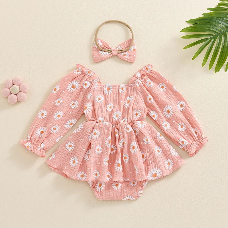 Baby Girls 2Pcs Autumn Romper Dress Long Sleeve Off Shoulder Poof Sleeve Flowers Print Floral Romper with Headband Set