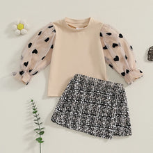 Load image into Gallery viewer, Toddler Kids Girls 2Pcs Fall Outfit Heart Pattern Mesh Long Sleeve Top and Plaid Mini Skirt Set
