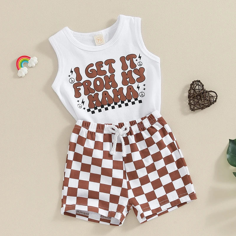 Baby Toddler Boy Girl 2Pcs Outfits I Get It From My Mama Letter Print Sleeveless Tank Top and Checkerboard Shorts Set Clothes