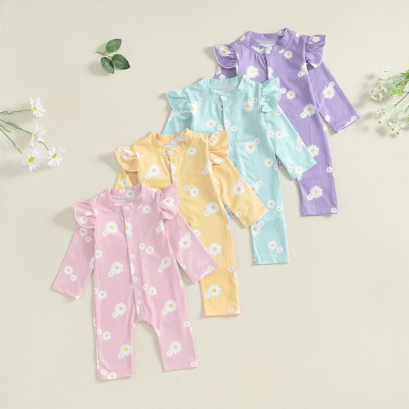 Baby Girls Button Romper Daisy Flower Print Ruffles Long Sleeve Jumpsuit