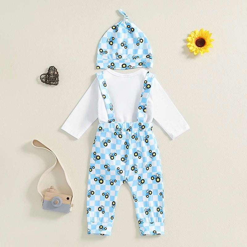 Baby Boys 3Pcs Worth The Wait Outfit Long Sleeve Round Neck Romper Tractor Print Suspender Pants Overalls Hat Set