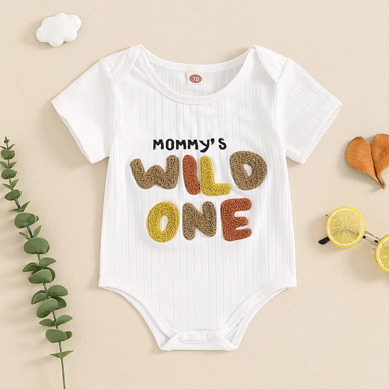 Baby Girls Boys Mommy's Wild One / Dad's Little Dude Ribbed Romper Letter Embroidery Round Neck Short Sleeve Jumpsuit