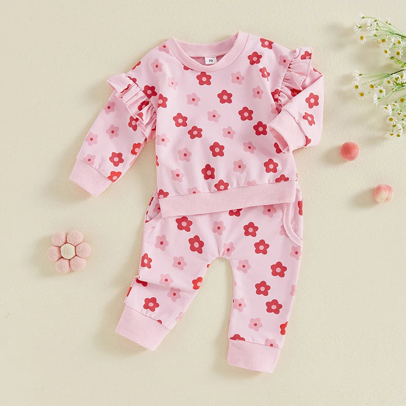 Baby Toddler Girl 2Pcs Fall Outfit Ruffle Long Sleeve Floral Flower Print Top + Pants Set