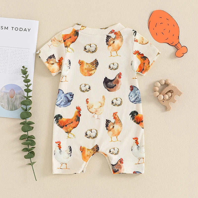 Baby Girls Boys Romper Round Neck Short Sleeve Rooster Chicken Eggs Print Ribbed Jumpsuit Summer Clothes Romper