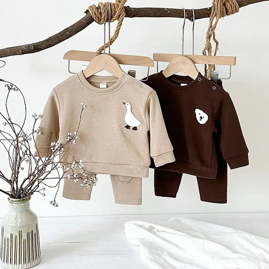 Baby Toddler Boys Girls 2Pcs Jogger Set Fall Long Sleeve Goose Bear Pattern Cotton Top Pants Outfit