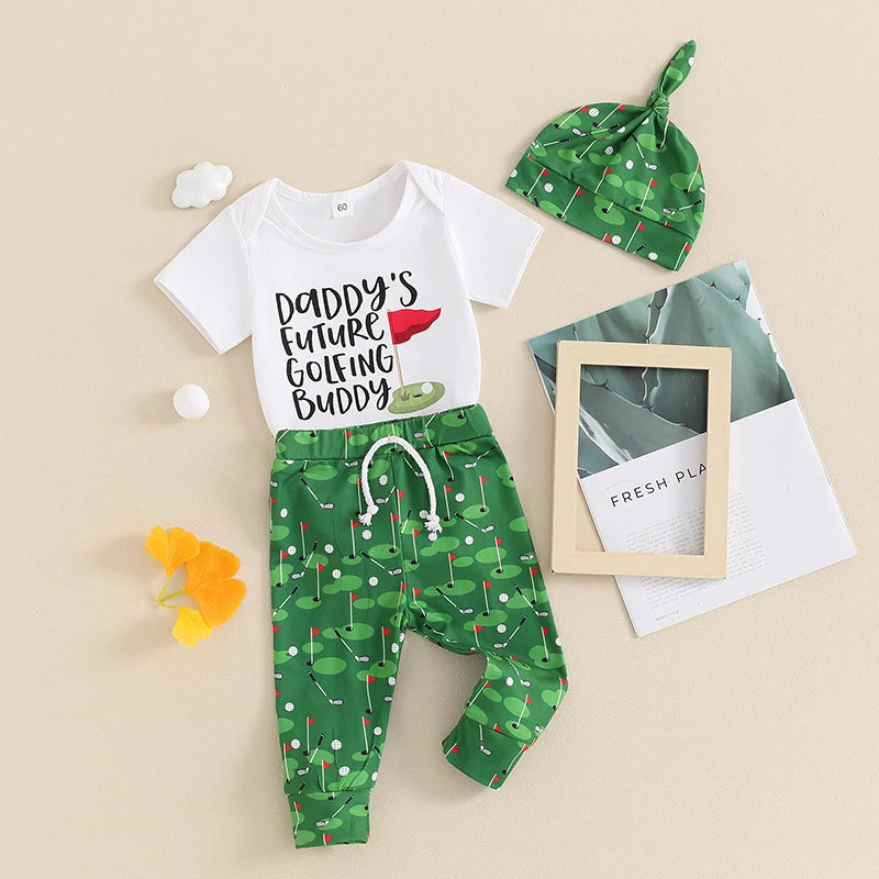 Baby Boys 3Pcs Outfit Daddy's Future Golfing Buddy Letter Print Crew Neck Short Sleeve Romper Golf Print Long Pants Hat Clothes Set