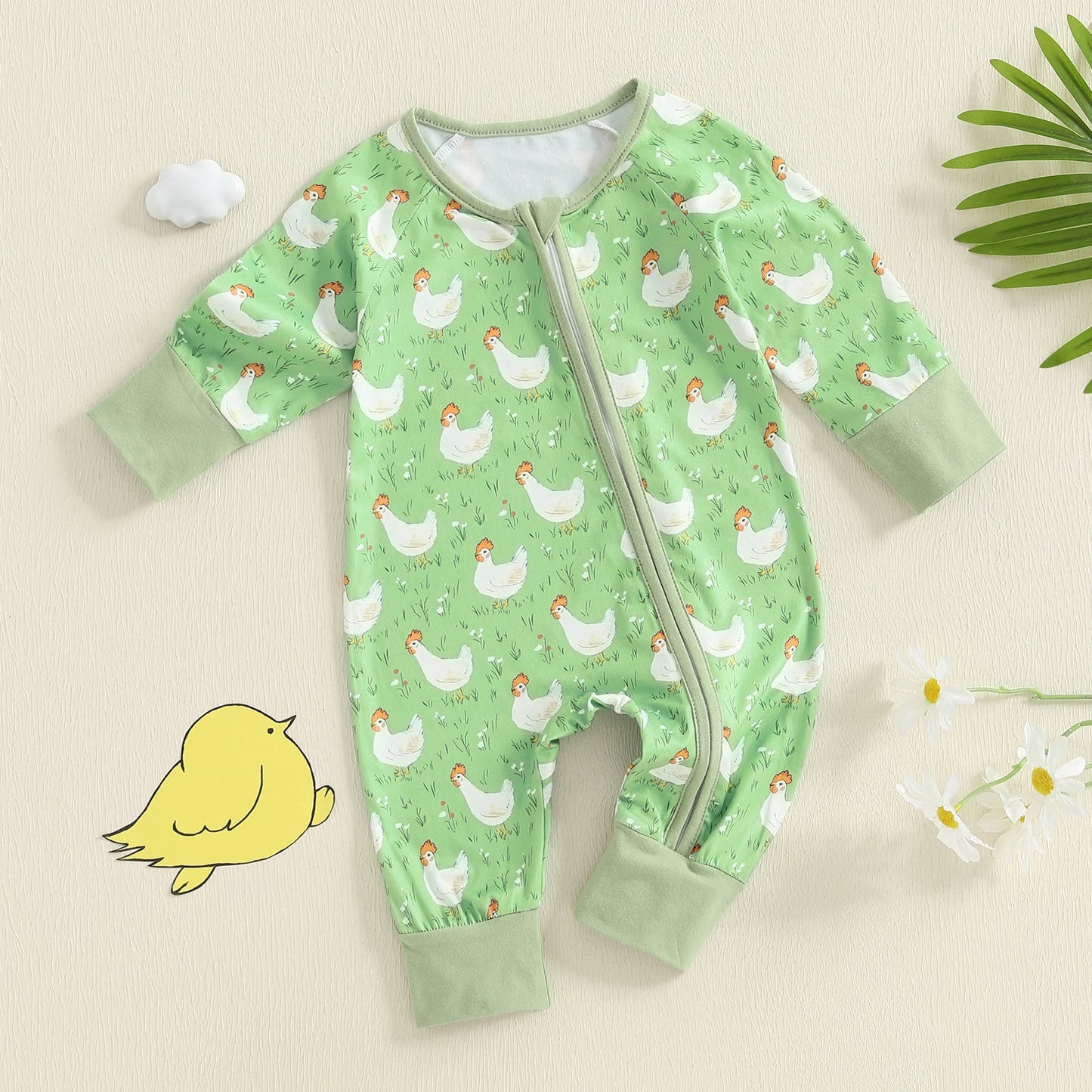 Baby Girl Boy Chicken Print Jumpsuit Long Sleeve Round Neck Zipper Romper