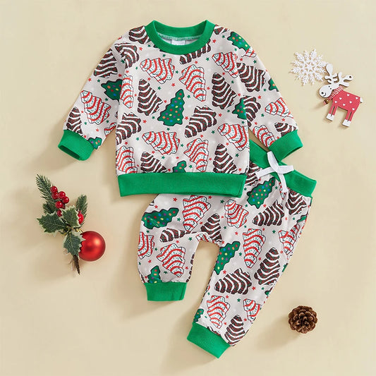 Baby Toddler Boys Girls 2Pcs Outfit Christmas Tree Print Long Sleeve Crewneck Top and Elastic Pants Jogger Set