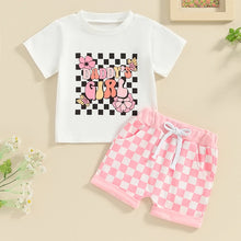 Load image into Gallery viewer, Toddler Baby Girl 2Pcs Outfit Daddy&#39;s Girl Letters Flowers Print Short Sleeve Top Checkered Pink Shorts Set
