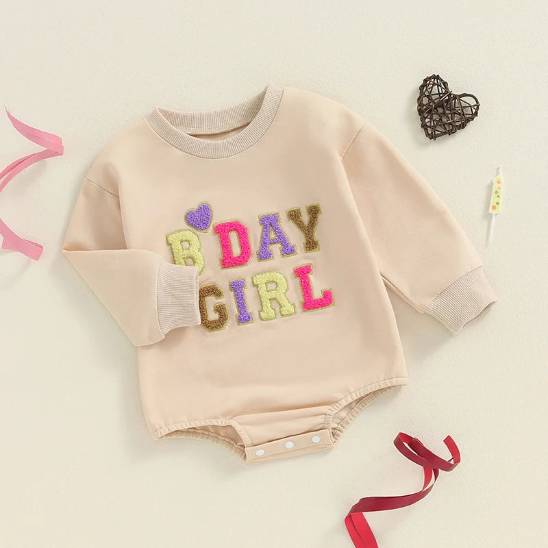 Baby Girl Boy BDAY GIRL / BOY Birthday Romper First Birthday Long Sleeve Round Neck Letter Embroidery Bodysuit Playsuit