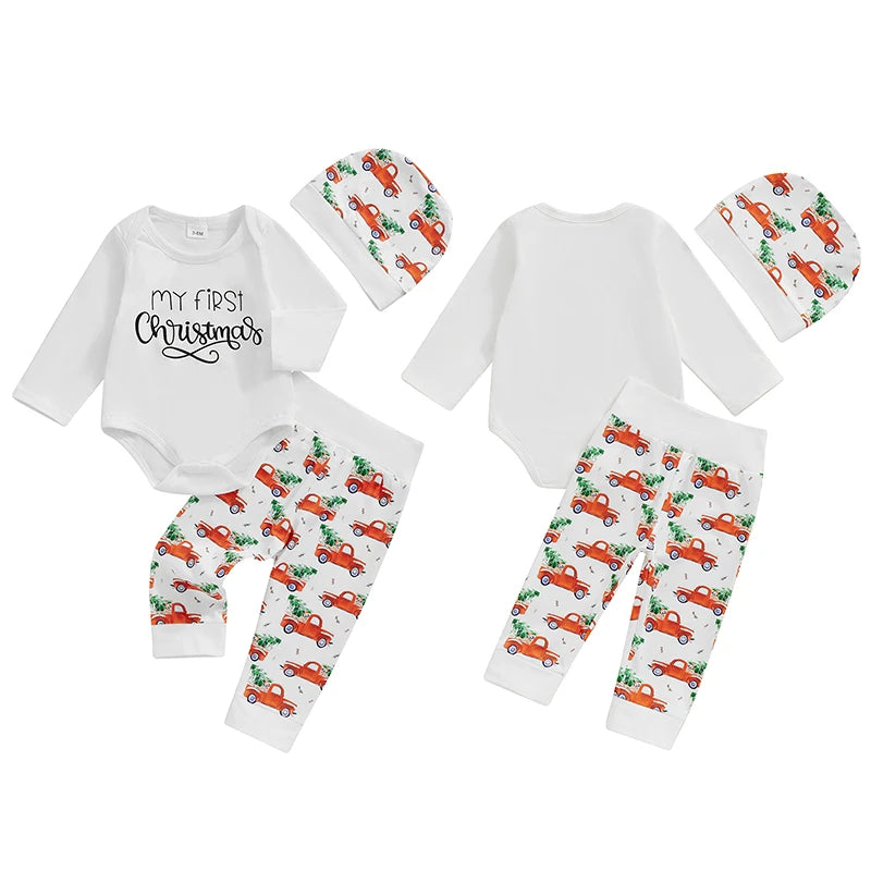 Baby Boy Girl 3Pcs My First Christmas Outfit Letter Long Sleeve Romper Elastic Waist Tree Truck Print Pants Hat Set