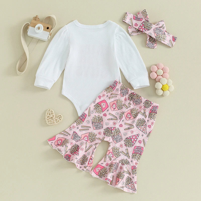 Baby Girls 3Pcs Fries Before Guys Valentine's Day Clothes Sets Letter Print Long Sleeve Romper Heart Flare Pants Headband 3Pcs Clothes Set