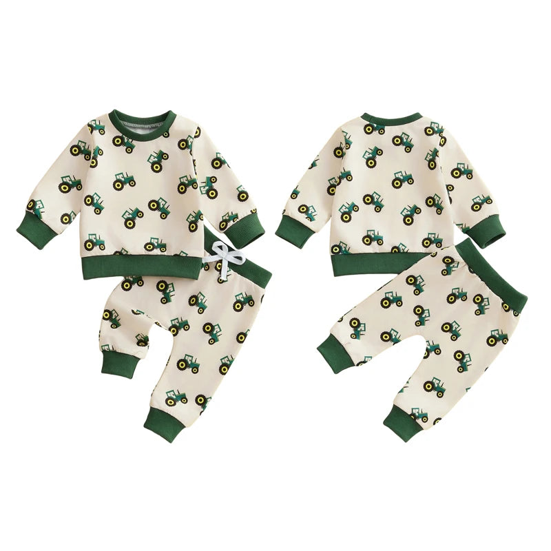 Baby Toddler Boy 2Pcs Spring Outfit Tractor Long Sleeve Crewneck Top Long Pants Jogger Set Farm Clothes