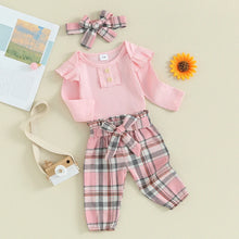 Load image into Gallery viewer, Baby Girls 3Pcs Clothes Sets Solid Color Buttons Long Sleeve Rompers Plaid Pants Bow Headband
