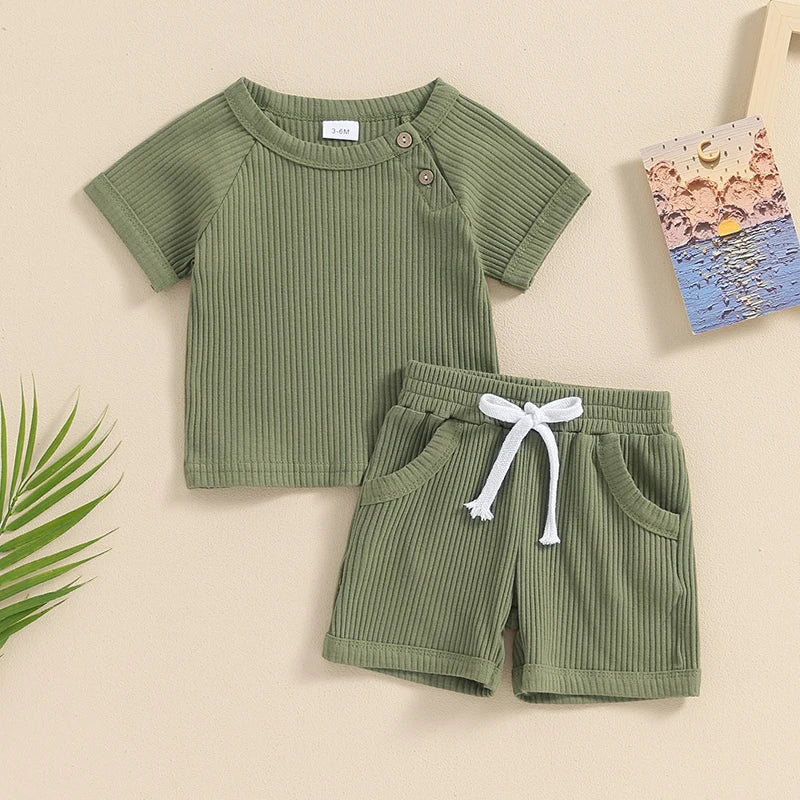 Baby Toddler Boys 2Pcs Summer Outfits Ribbed Solid Color Short Sleeve Top and Shorts Vacation Clothes Set