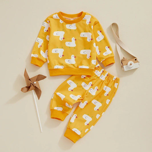 Baby Toddler Girls Boys 2Pcs Outfit Duck Print Long Sleeve Crew Neck Top and Pants Set