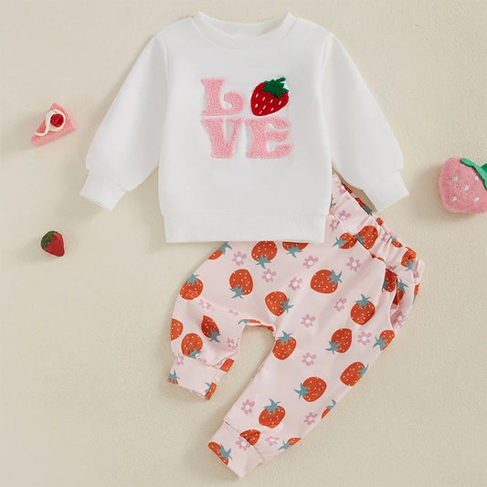 Baby Toddler Girl 2Pcs Fall Outfit LOVE Letter Strawberry Embroidered O-Neck Long Sleeve Top Long Pants Jogger Set