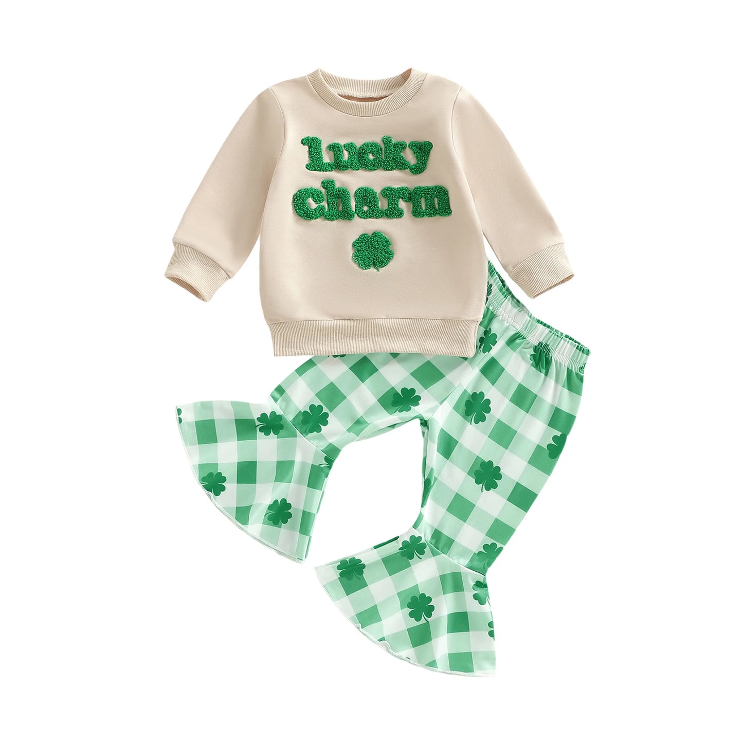 Baby Toddler Girls 2Pcs Lucky Charm Outfit Letter Embroidery Long Sleeve Round Neck Pullover Top Elastic Waist Plaid Flare Pants St. Patrick's Day Set
