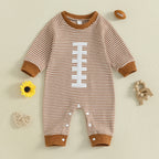 Baby Boy Fall Football Romper Casual Stripe Print Long Sleeve Game Day Jumpsuit