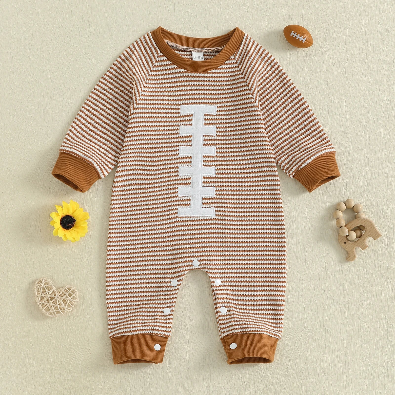 Baby Boy Fall Football Romper Casual Stripe Print Long Sleeve Game Day Jumpsuit