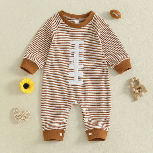 Baby Boy Fall Football Romper Casual Stripe Print Long Sleeve Game Day Jumpsuit