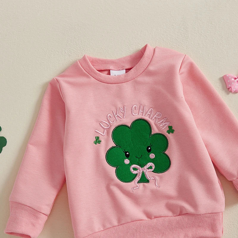 Baby Toddler Boys Girls 2Pcs Spring Outfit Lucky Charm Shamrock Letter Embroidery Long Sleeve Crew Neck Top with Drawstring Pants Jogger Set