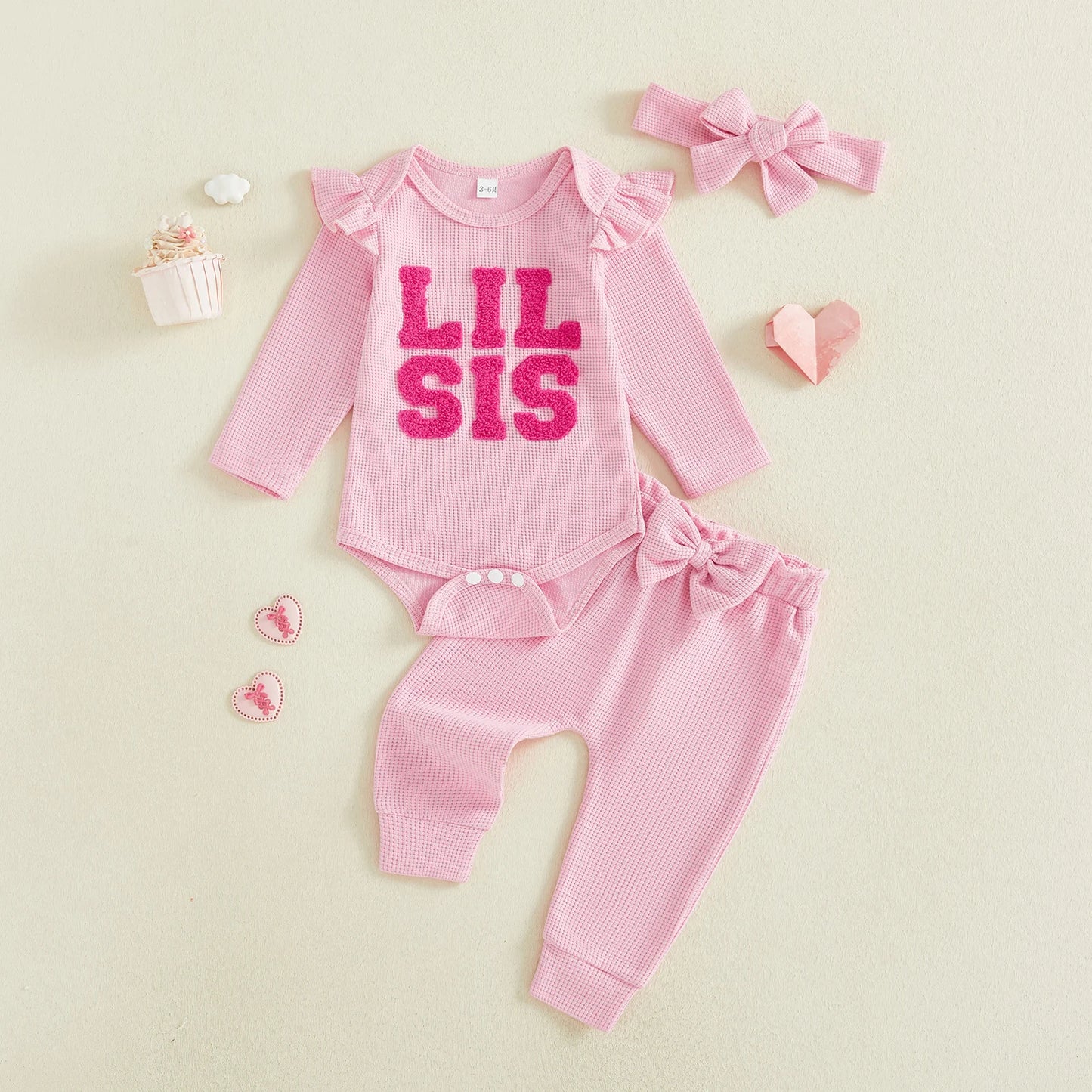 Baby Girl 3Pcs Lil Sis Outfit Waffle Letter Embroidered Crew Neck Long Sleeve Romper Jogger Pants and Headband 3 Pcs Set