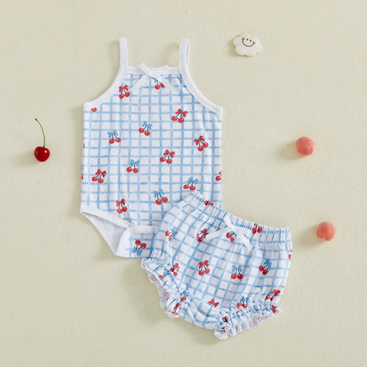 Baby Girls 2Pcs Summer 2 Piece Outfits Sleeveless Cherry Print Plaid Romper Bloomers Shorts Set