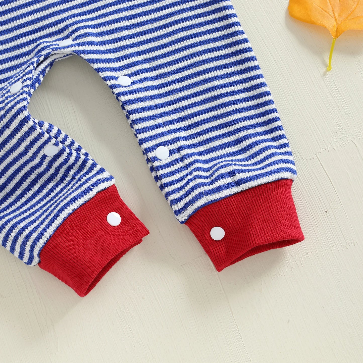 Baby Boy Fall Romper Striped Fire Truck Embroidered Crewneck Long Sleeve Full Length Jumpsuit