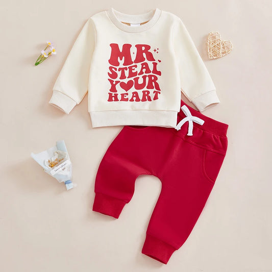 Baby Toddler Boys 2Pcs Valentine's Day Outfit Mr. Steal Your Heart Letter Print Long Sleeve Crewneck Top and Elastic Pants Valentines Jogger Set