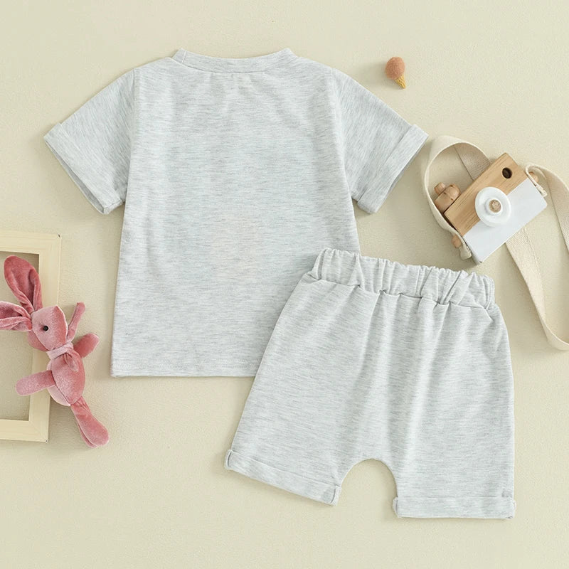 Baby Toddler Boy Girl 2Pcs Easter Set HIP HOP Letter Embroidery Short Sleeve T-Shirt with Solid Color Short Outfit