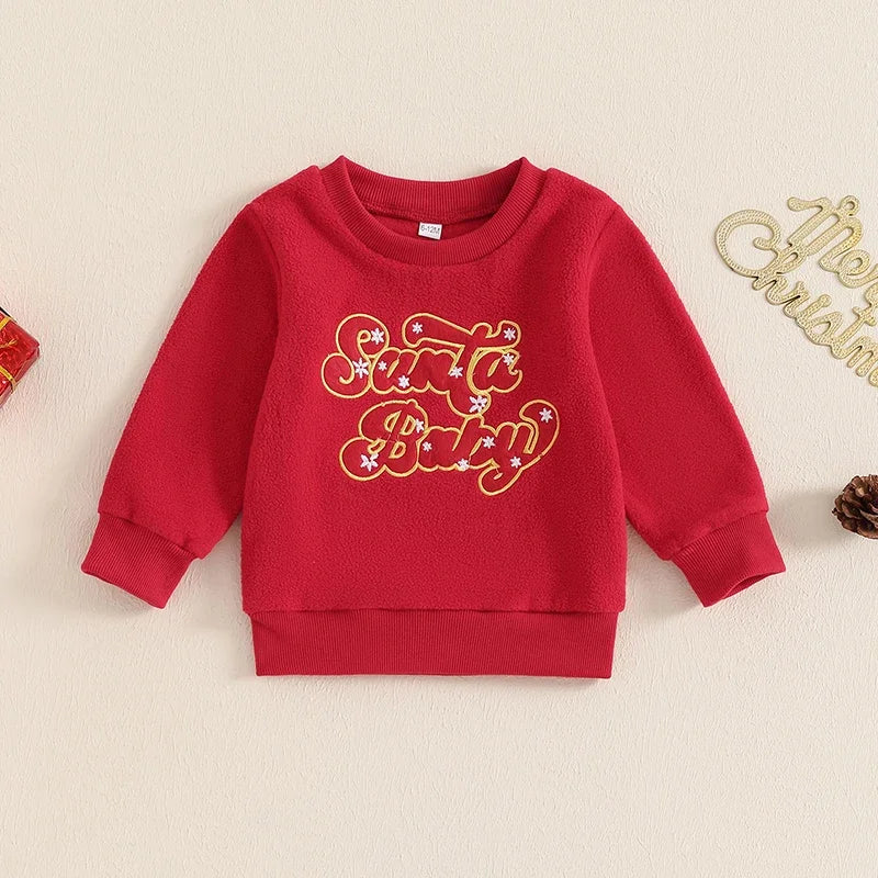 Baby Toddler Kids Girls Boys Christmas Fleece Top Santa Baby Letter Embroidery Crew Neck Long Sleeve Pullover Top