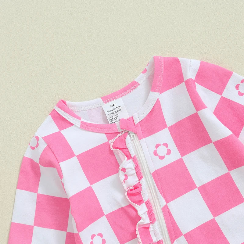 Baby Girls Footie Long Sleeve Crew Neck Zip Closure Checker Flower Print Fall Jumpsuit Zipper Romper