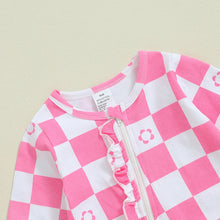 Load image into Gallery viewer, Baby Girls Footie Long Sleeve Crew Neck Zip Closure Checker Flower Print Fall Jumpsuit Zipper Romper
