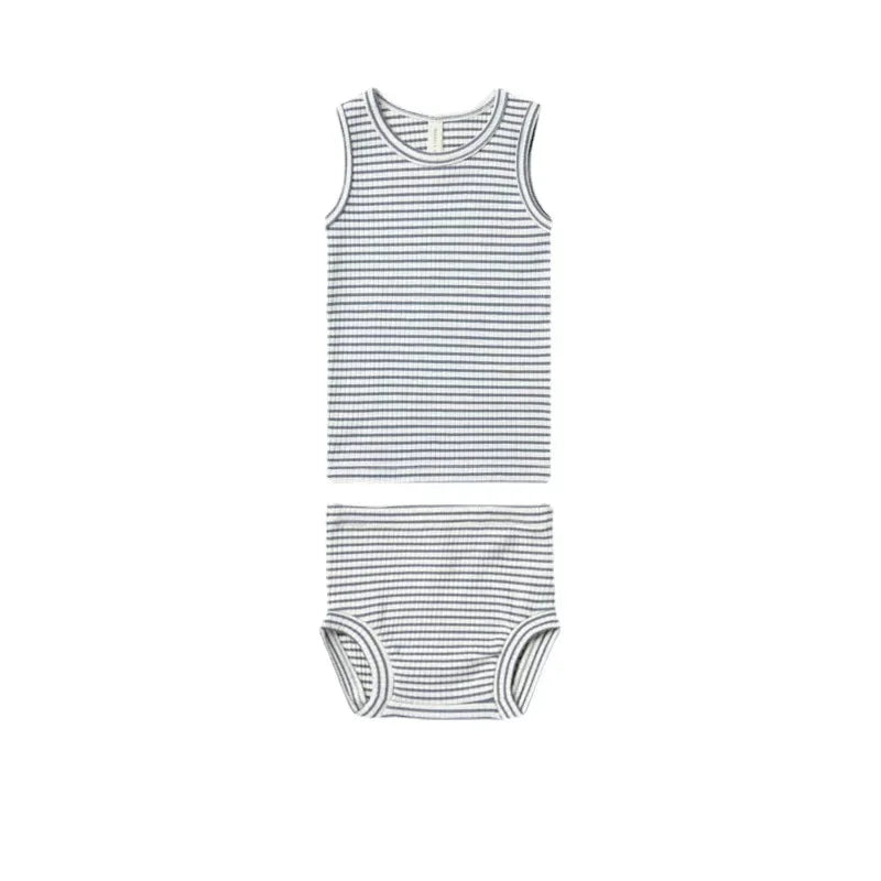 Baby Toddler Boys Girls 2Pcs Clothes Set Summer Solid or Stripes Sleeveless Tank or Short Sleeve Tee Shirt Top with Matching Shorts Bloomers Set