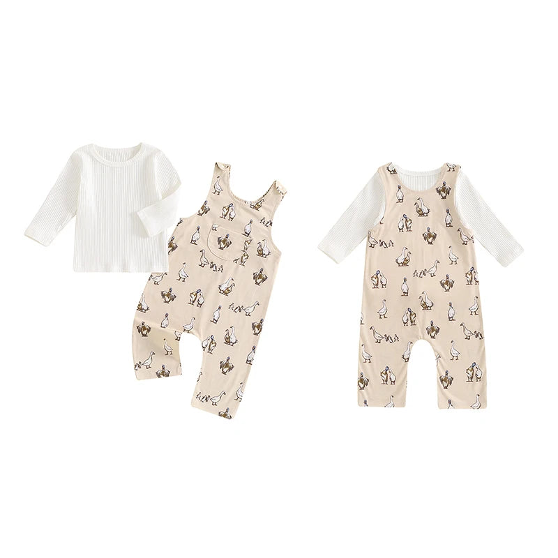 Baby Girls 2Pcs Fall Outfit Ribbed Solid Color Long Sleeve Top and Duck Print Suspender Pants Overalls Set