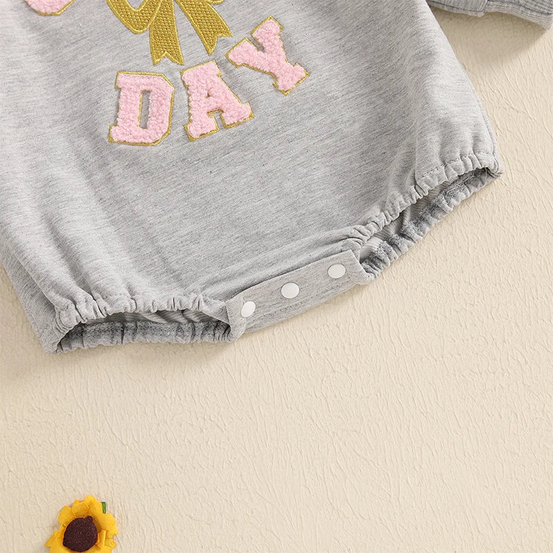 Baby Girl Game Day Bubble Romper Bow Letter Embroidery Long Sleeve Crew Neck Football Jumpsuit for Fall