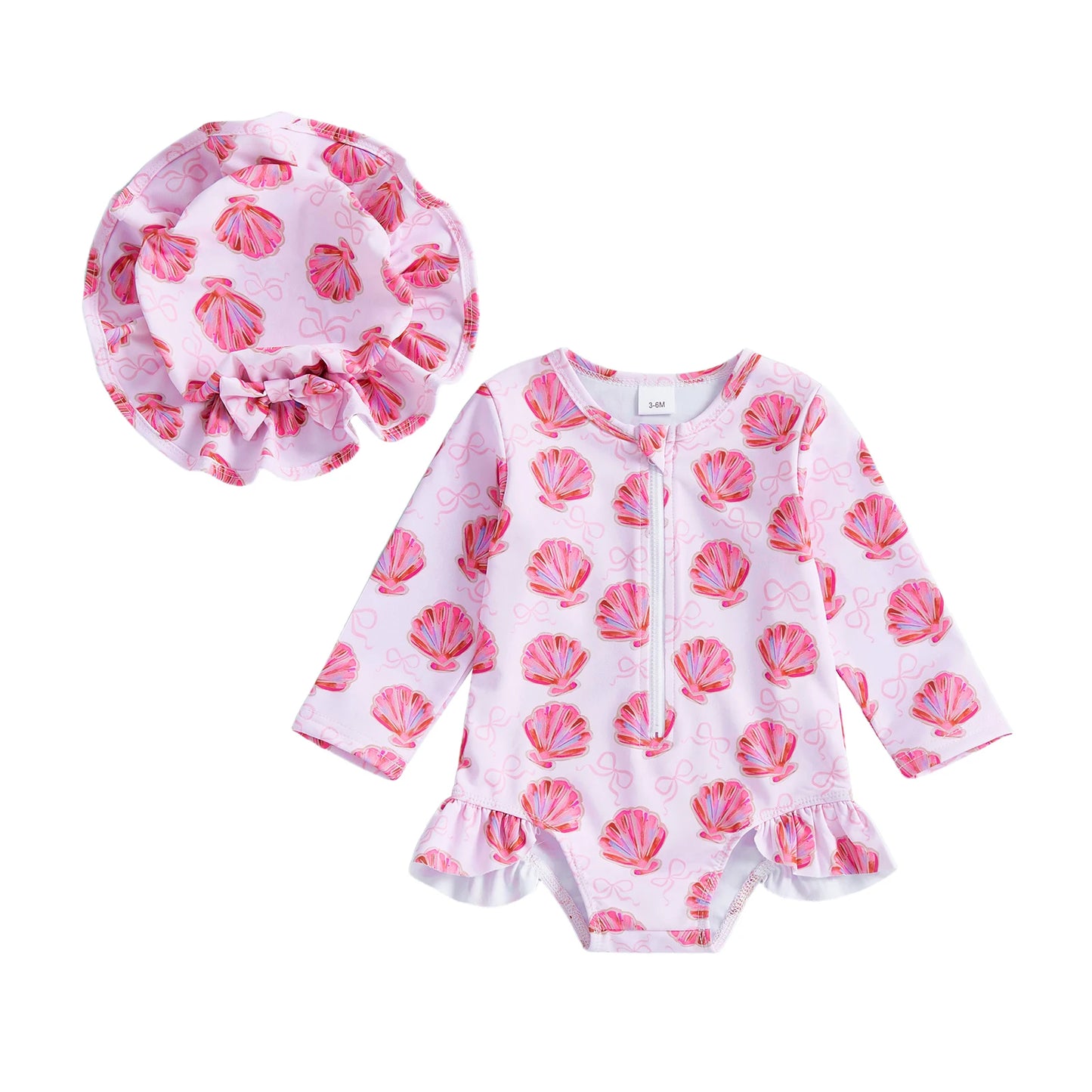 Baby Toddler Girls 2Pcs Swimsuit Set Duck/Shell Print Crew Neck Long Sleeve Zipper Rash Guard Swimwear and Sun Hat