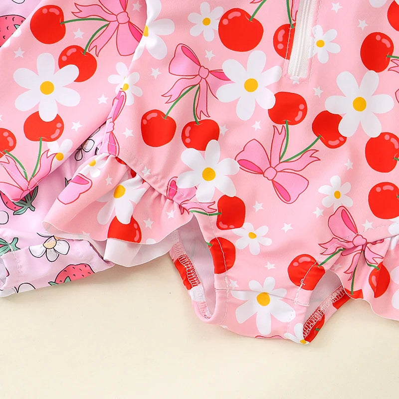 Baby Toddler Girls 2Pcs Rash Guard Swimsuit with Hat Bow Floral Print Zip Up Long Sleeve Crew Neck Swimwear Bathing Suit Set