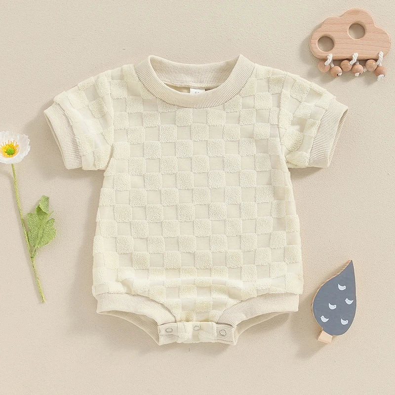 Baby Boys Girls Bodysuit Short Sleeve Crew Neck Checkerboard Summer Playsuit Romper