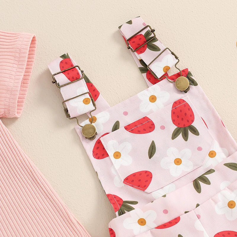 Toddler Kids Girls 2Pcs Summer Outfit Solid Color Ribbed Short Sleeve Top and Flower Strawberry Print Suspender Shorts Overalls Set